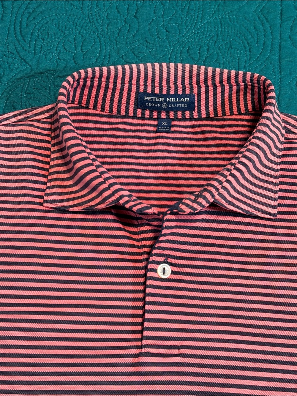 Peter Millar Coral and Navy Striped Polo